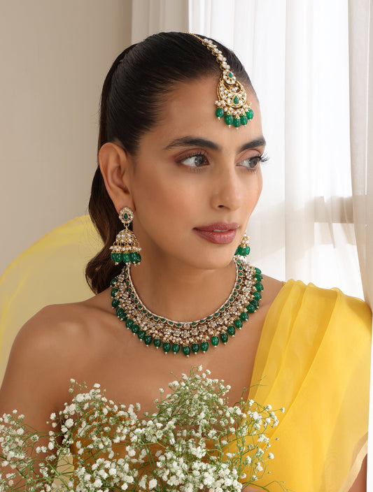 Dhiyona ST Green Color Kundan Necklace, Earring and Maang Teeka Set
