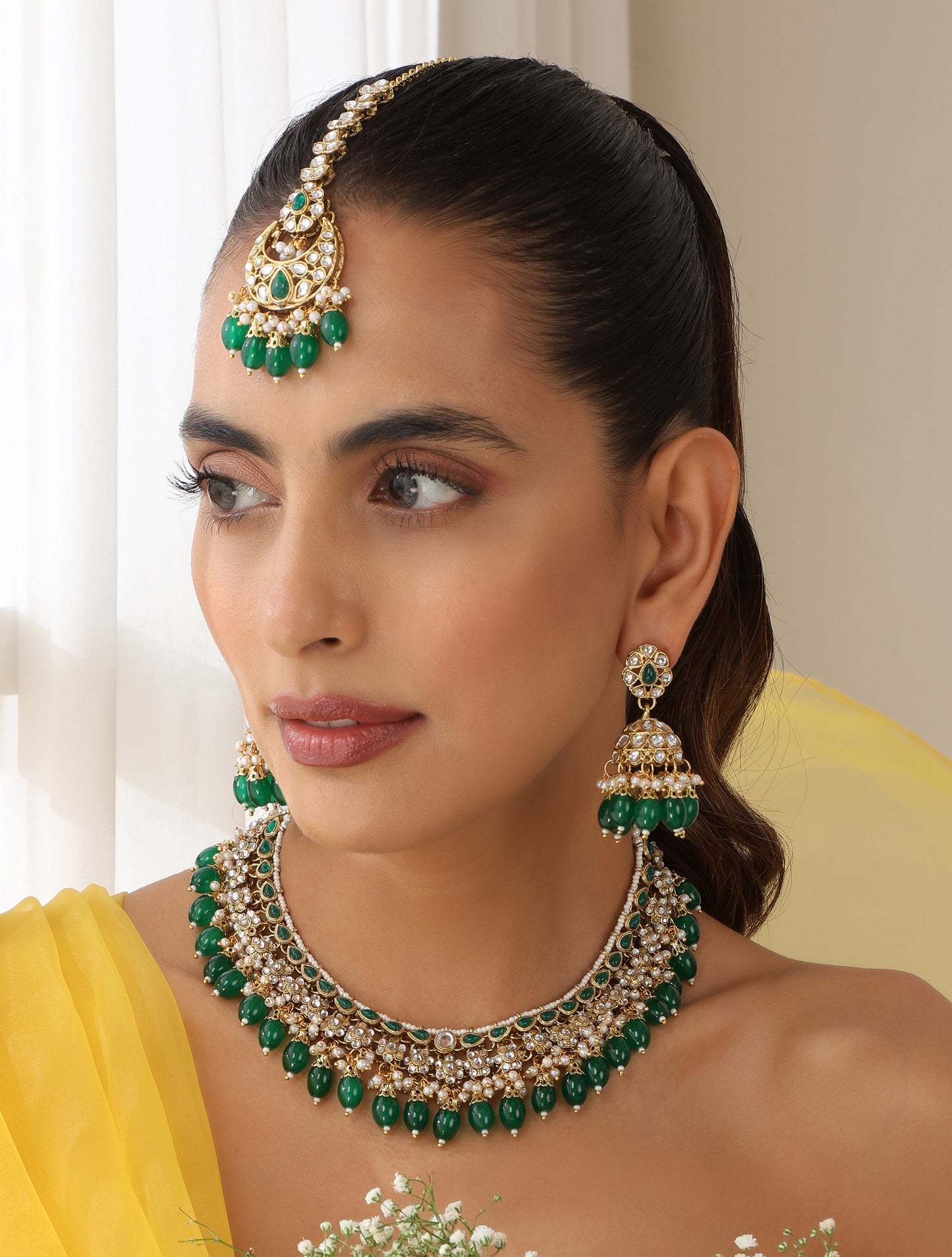 Dhiyona ST Green Color Kundan Necklace, Earring and Maang Teeka Set