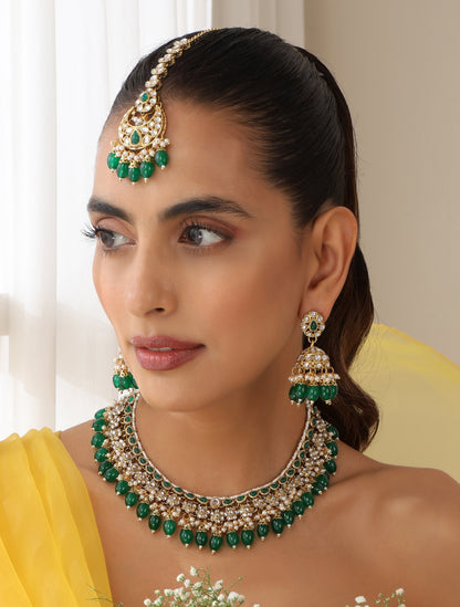 Dhiyona ST Green Color Kundan Necklace, Earring and Maang Teeka Set