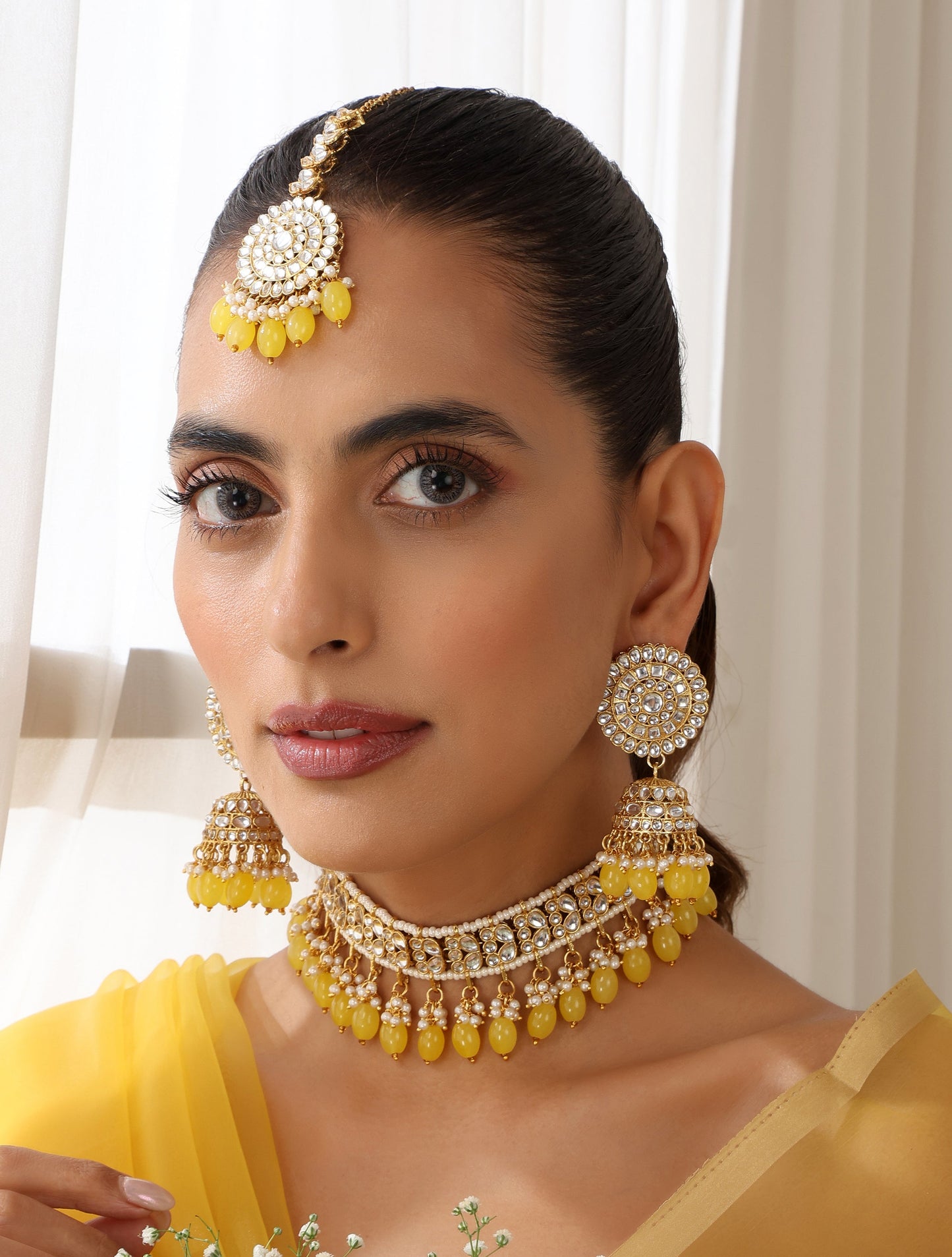 Dhiyona ST Yellow Color Drop Choker Kundan Necklace, Earring and Maang Teeka Set