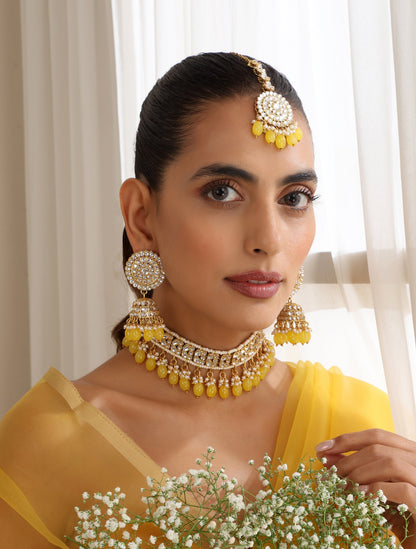 Dhiyona ST Yellow Color Drop Choker Kundan Necklace, Earring and Maang Teeka Set