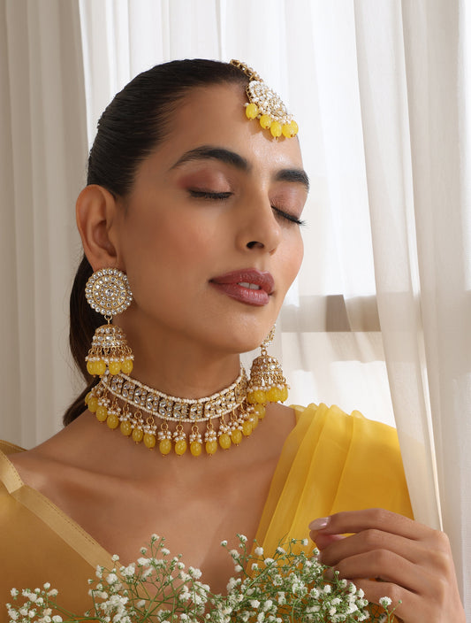 Dhiyona ST Yellow Color Drop Choker Kundan Necklace, Earring and Maang Teeka Set