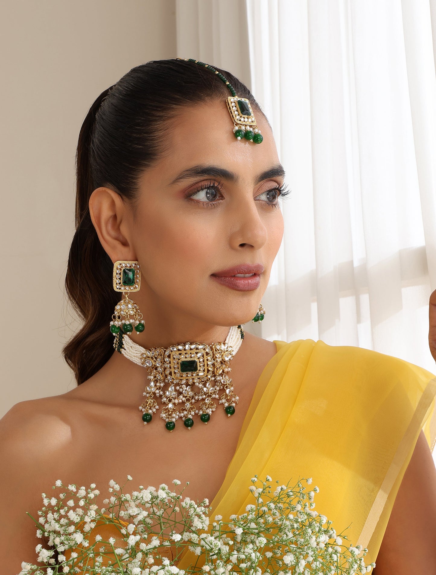 Dhiyona ST Green Color Choker Kundan Necklace, Earring and Maang Teeka Set