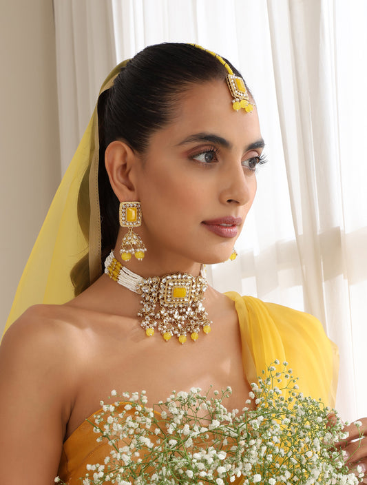 Dhiyona ST Yellow Pearl Choker Kundan Necklace, Earring and Maang Teeka Set