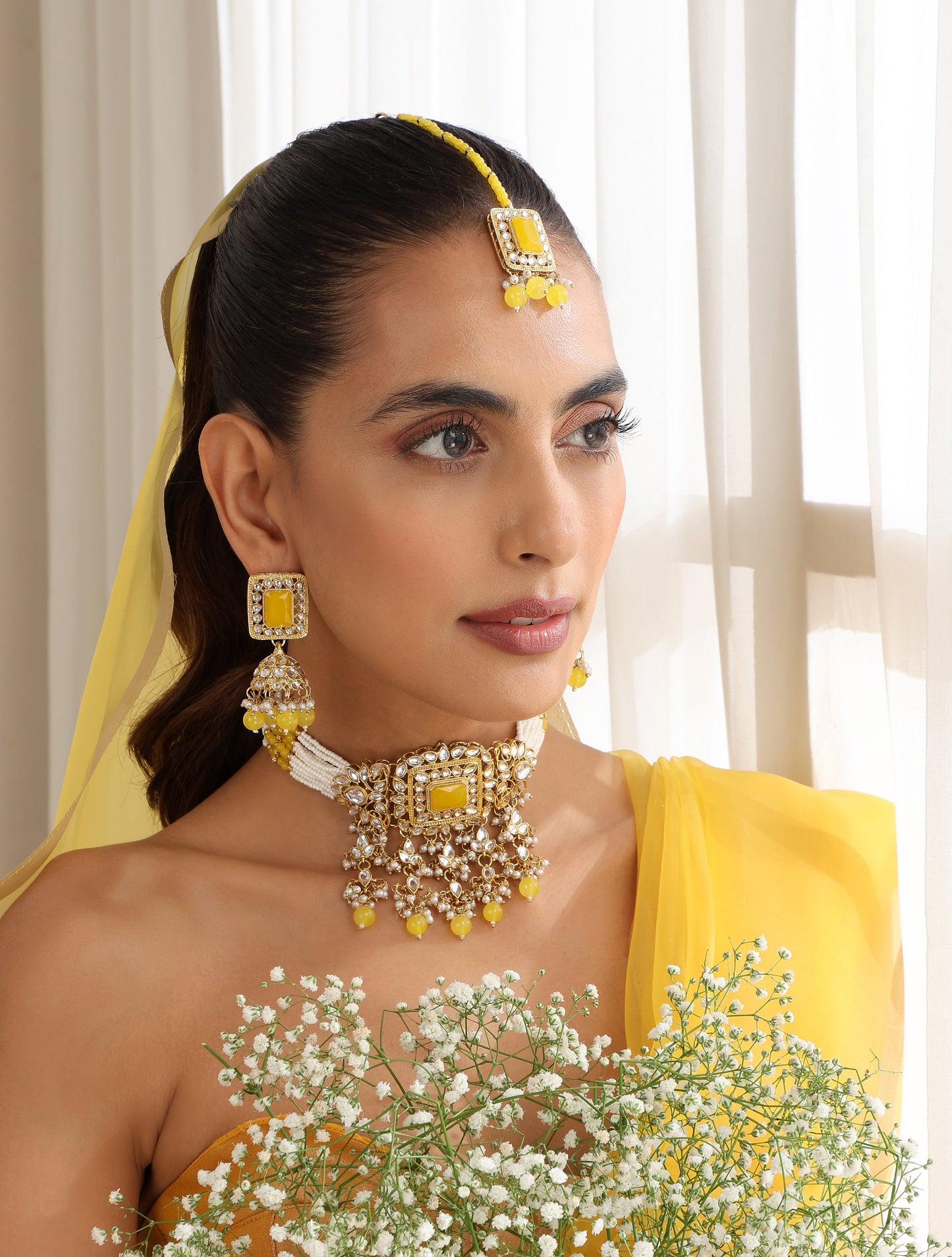 Dhiyona ST Yellow Pearl Choker Kundan Necklace, Earring and Maang Teeka Set