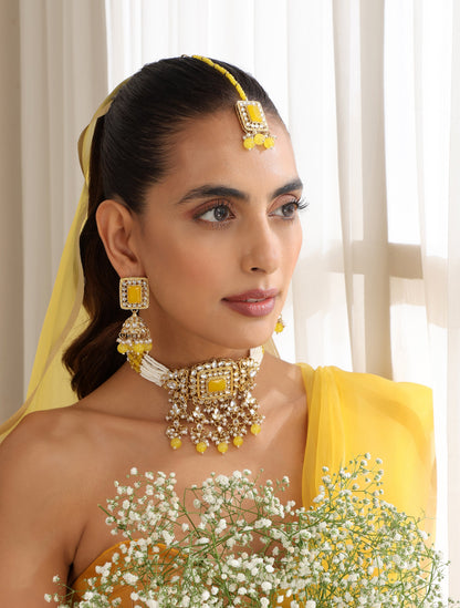 Dhiyona ST Yellow Pearl Choker Kundan Necklace, Earring and Maang Teeka Set