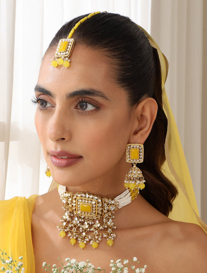 Dhiyona ST Yellow Pearl Choker Kundan Necklace, Earring and Maang Teeka Set