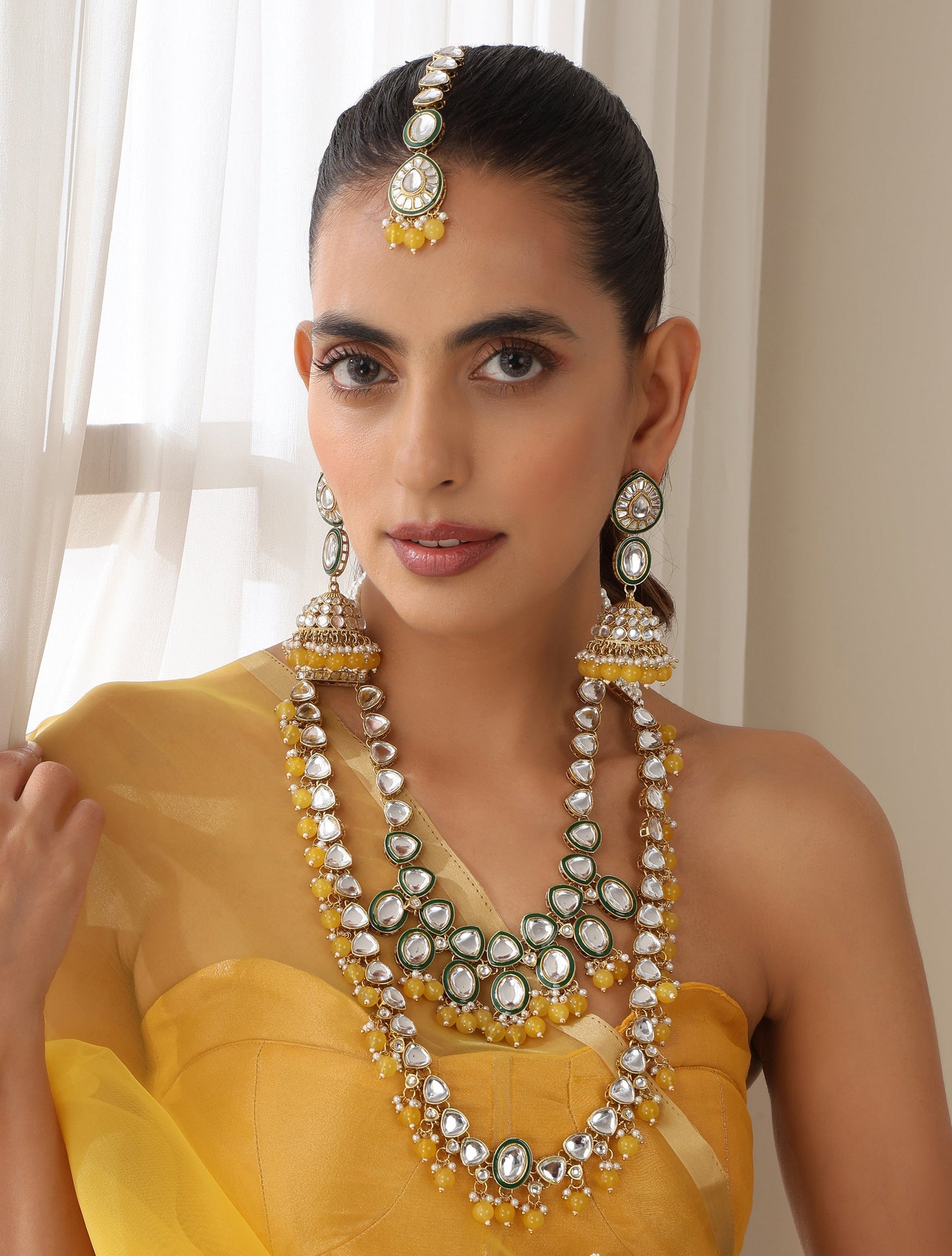 Dhiyona ST Yellow Color Kundan Long Necklace, Earring and Maang Teeka Set
