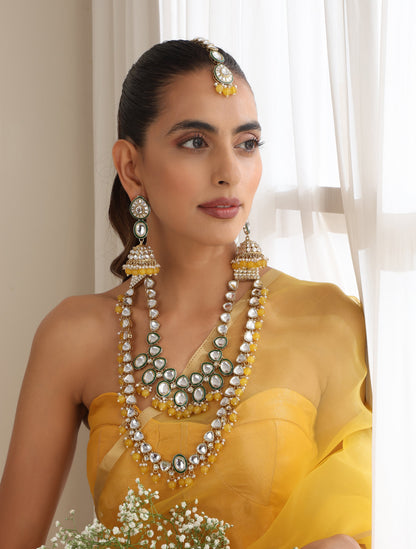 Dhiyona ST Yellow Color Kundan Long Necklace, Earring and Maang Teeka Set