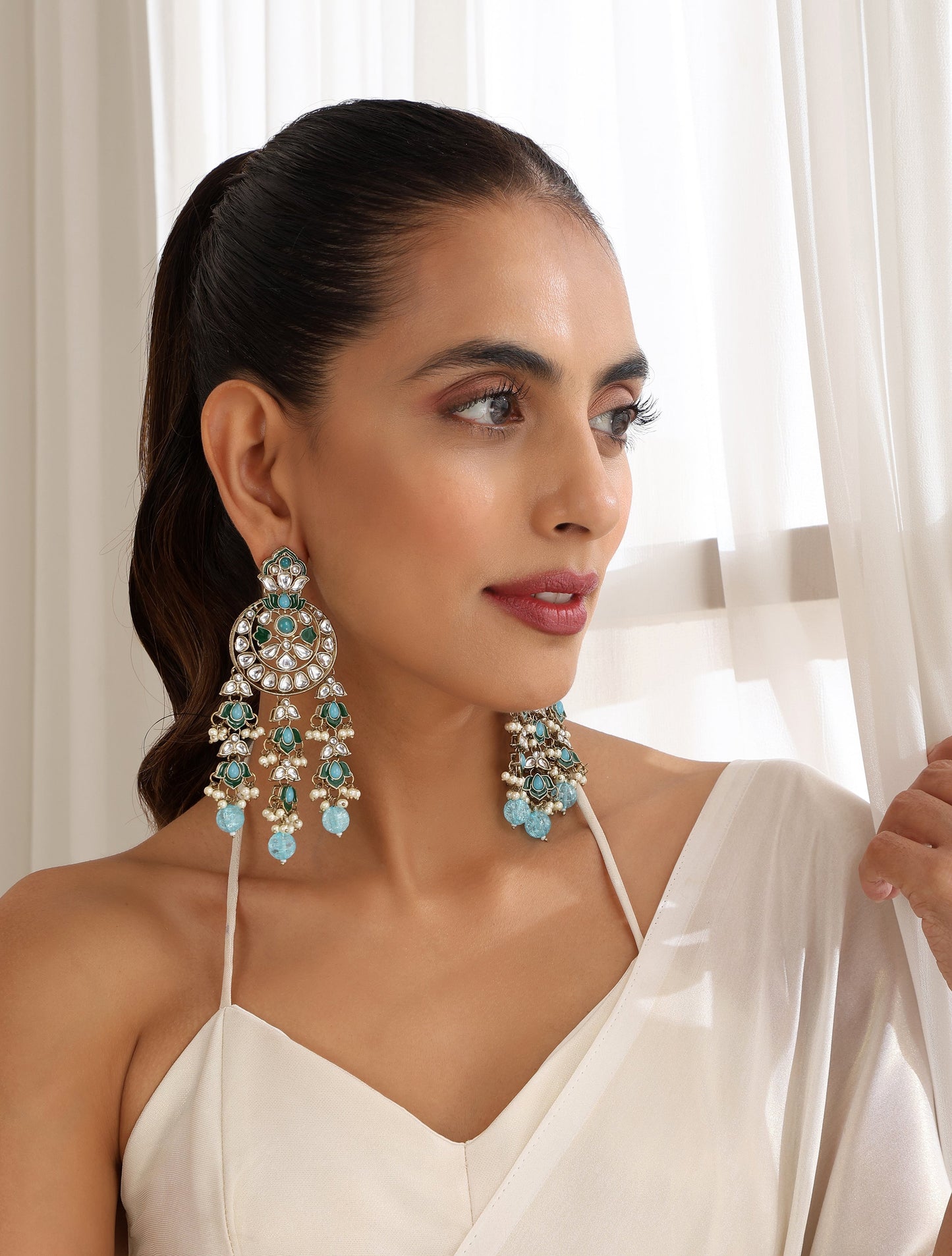 Dhiyona ST Sky Blue Color Kundan Long Earrings