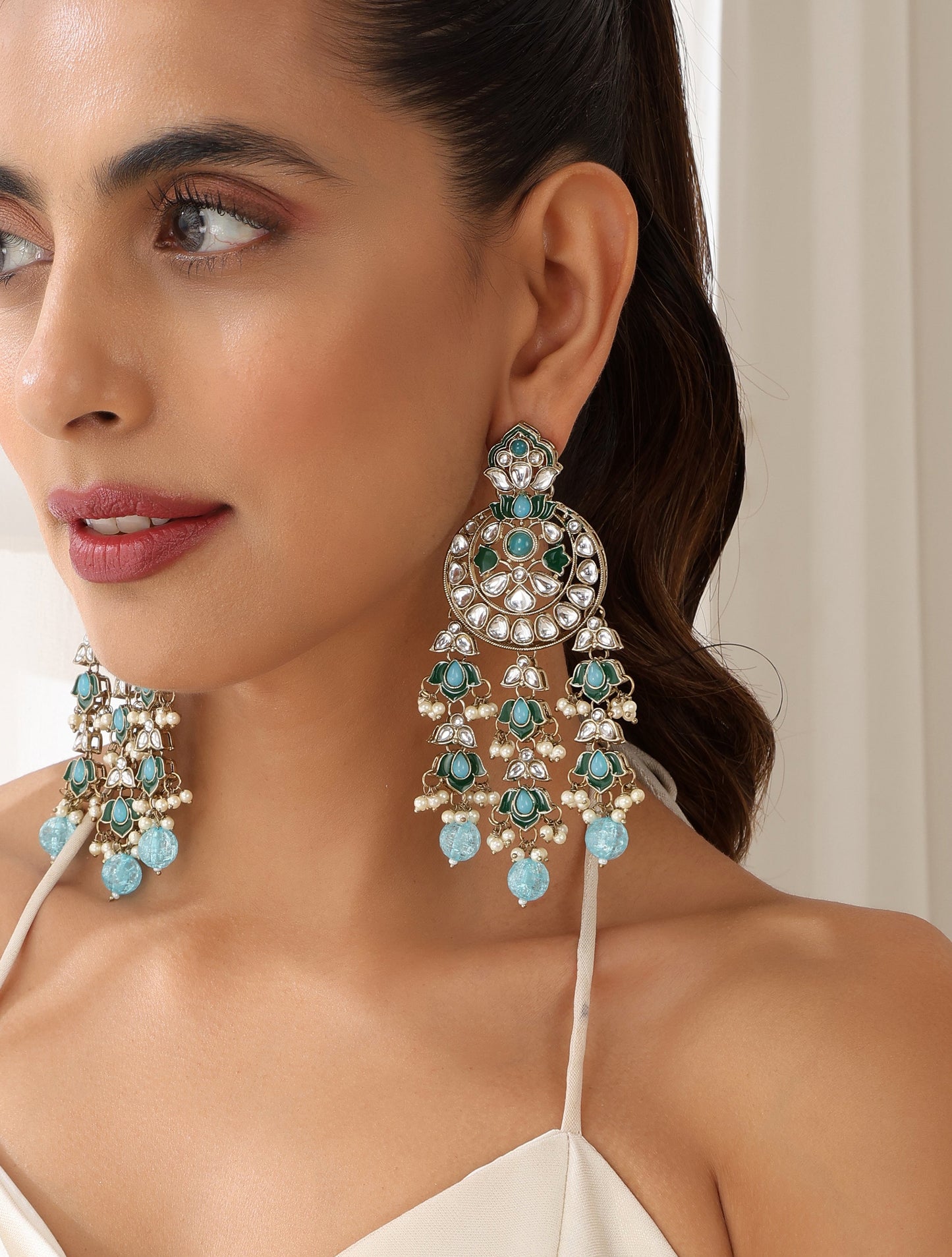 Dhiyona ST Sky Blue Color Kundan Long Earrings