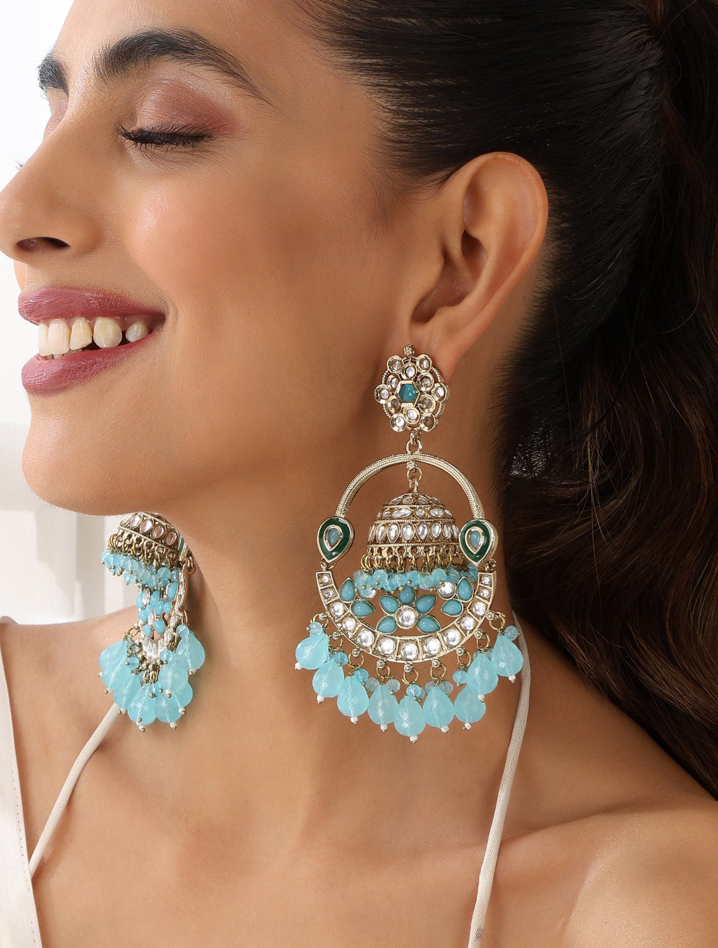 Dhiyona ST Sky Blue Color Round Kundan Jhumka Earrings