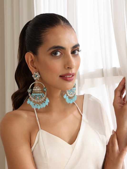 Dhiyona ST Sky Blue Color Round Kundan Jhumka Earrings