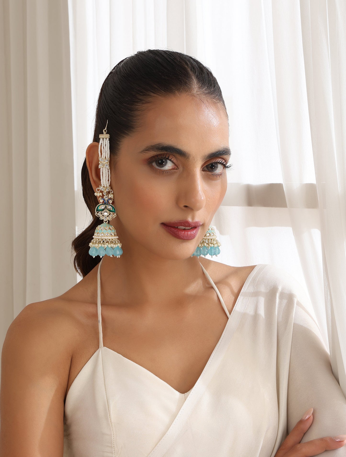 Dhiyona ST Sky Blue Color Meenakari Kundan Earrings