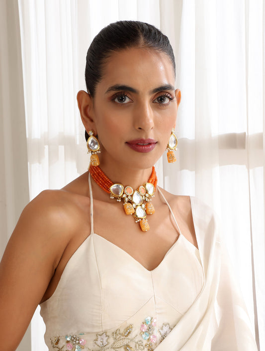 Dhiyona ST Orange Color Kundan Meena Necklace & Earring Set