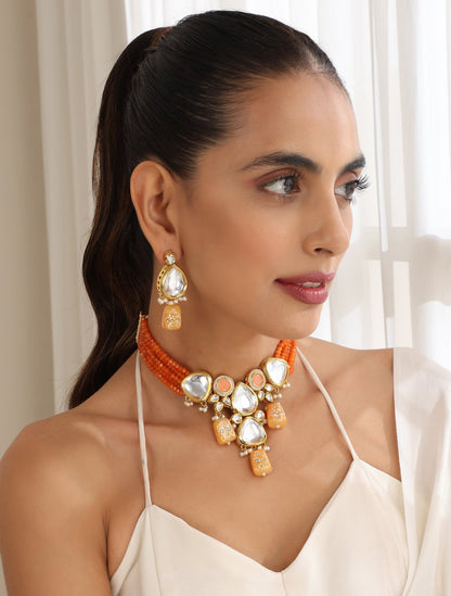 Dhiyona ST Orange Color Kundan Meena Necklace & Earring Set