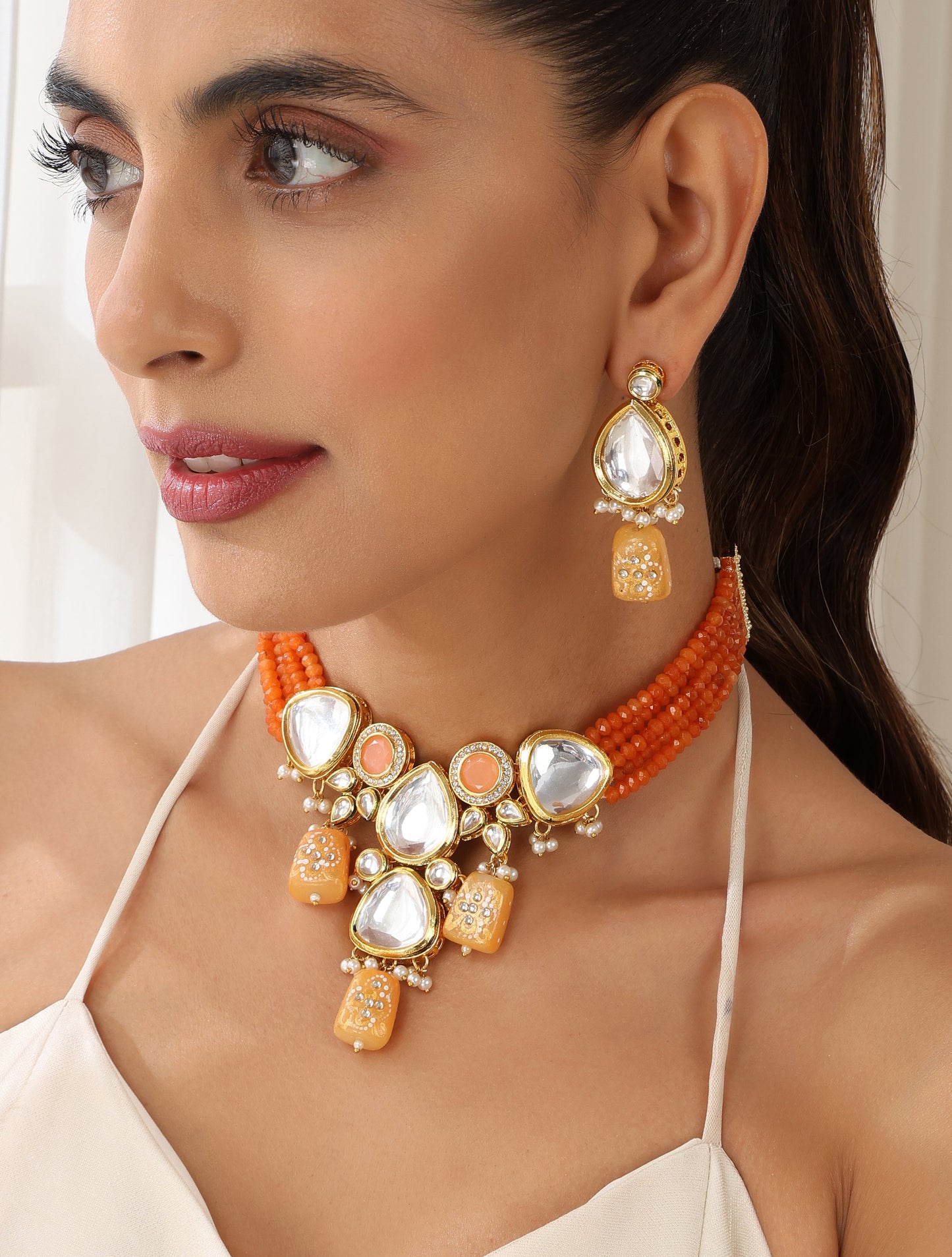 Dhiyona ST Orange Color Kundan Meena Necklace & Earring Set