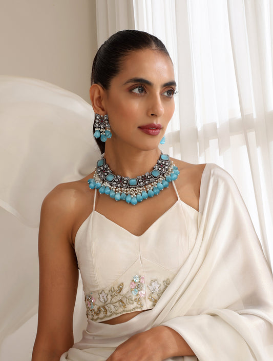 Dhiyona ST Firozi Color American Diamond Necklace & Earring Set