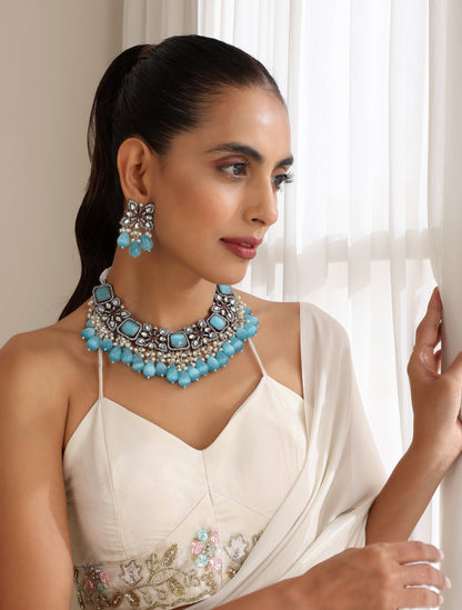 Dhiyona ST Firozi Color American Diamond Necklace & Earring Set
