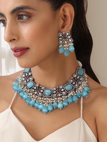 Dhiyona ST Firozi Color American Diamond Necklace & Earring Set