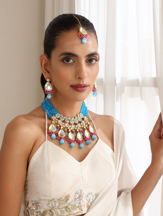 Dhiyona ST Firozi Color Back Side Meena Work Kundan Necklace, Earring and Maang Teeka Set