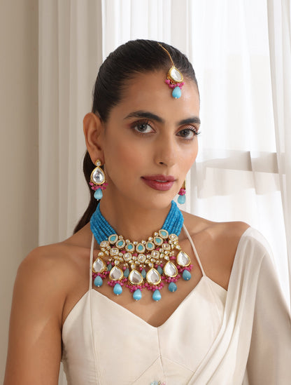 Dhiyona ST Firozi Color Back Side Meena Work Kundan Necklace, Earring and Maang Teeka Set