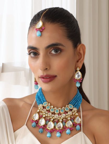 Dhiyona ST Firozi Color Back Side Meena Work Kundan Necklace, Earring and Maang Teeka Set