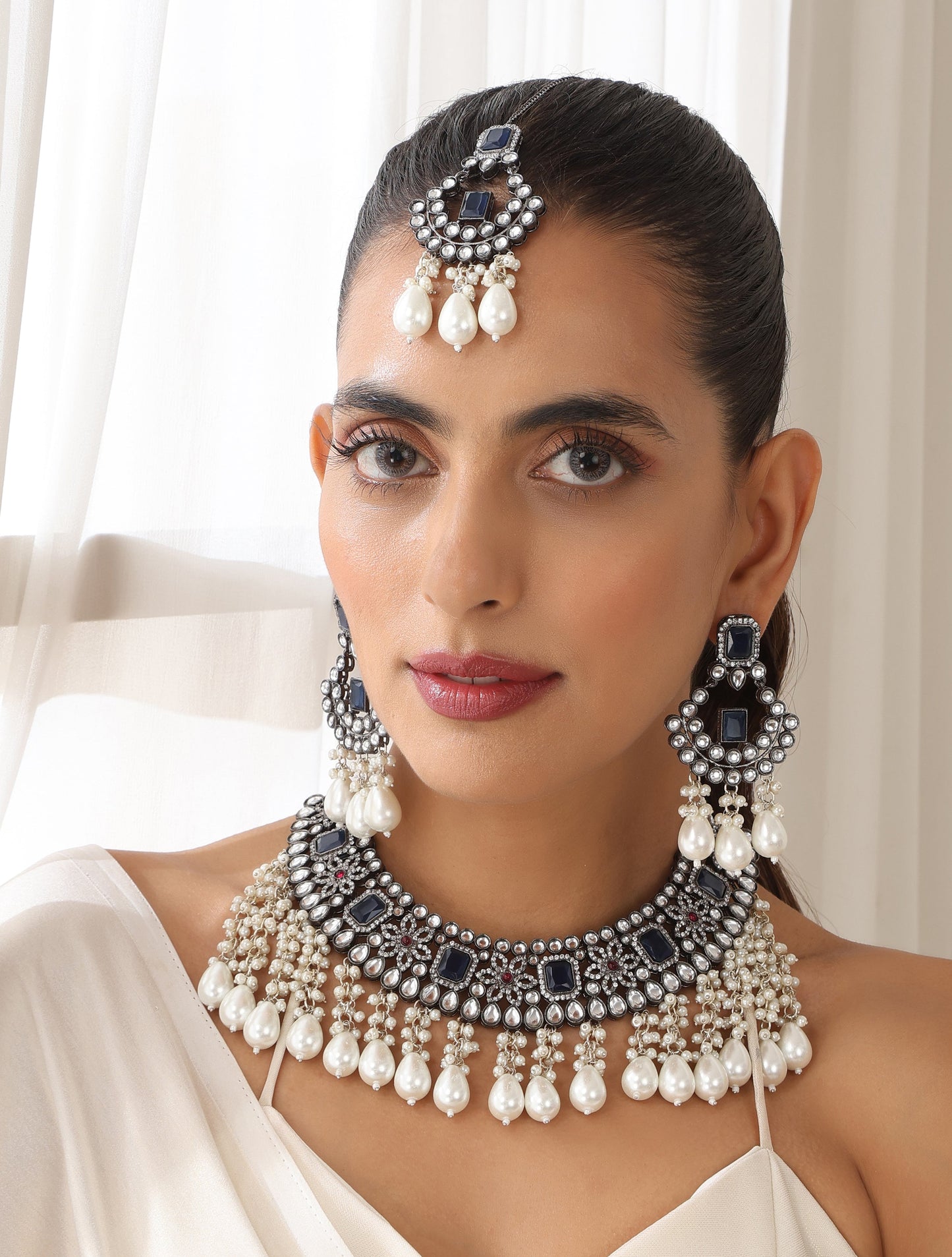 Dhiyona ST Blue Pearl Drop American Diamond Necklace, Earring and Maang Teeka Set