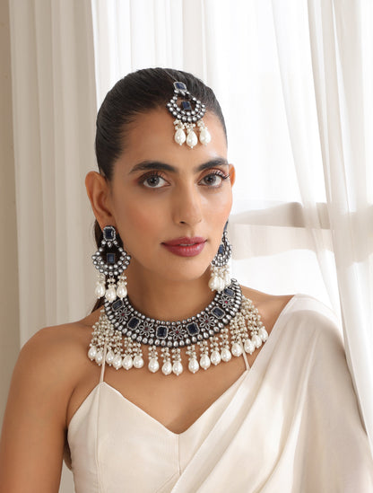 Dhiyona ST Blue Pearl Drop American Diamond Necklace, Earring and Maang Teeka Set