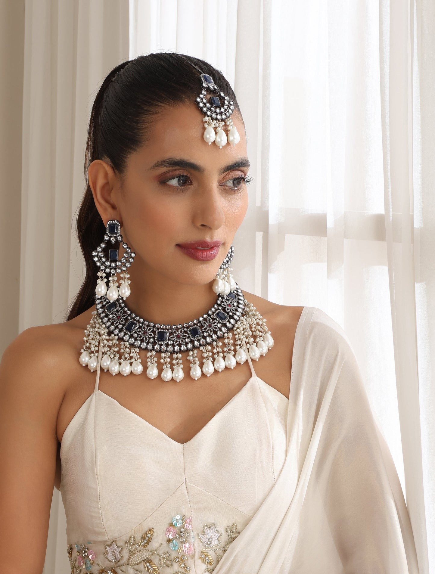 Dhiyona ST Blue Pearl Drop American Diamond Necklace, Earring and Maang Teeka Set
