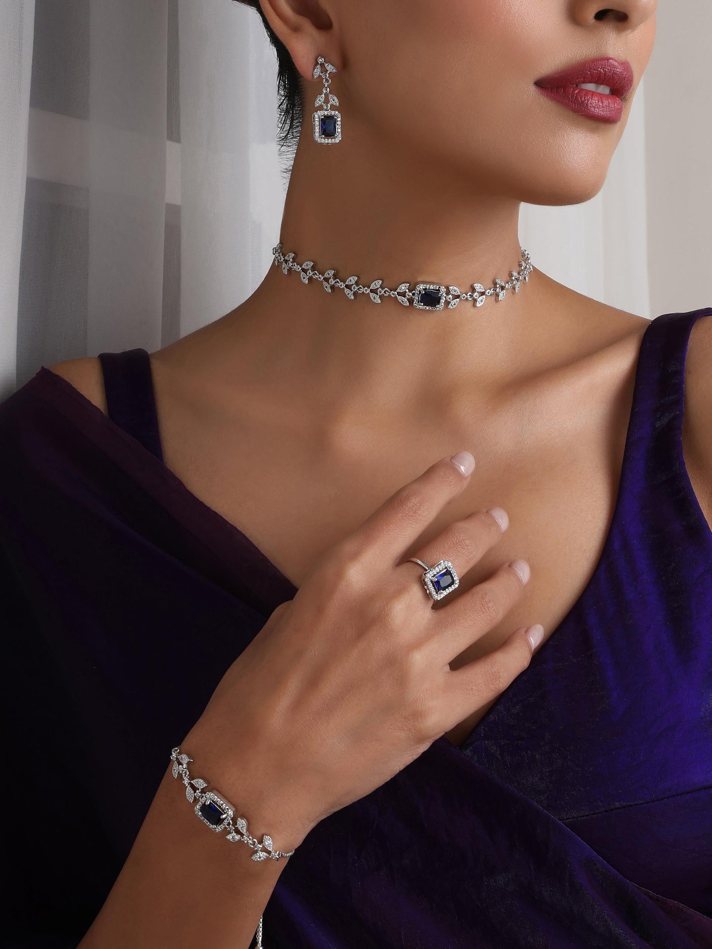 Dhiyona ST SET - Blue Petal Diamond Necklace, Earring, Ring, Bracelet