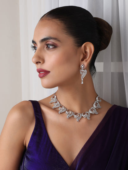 Dhiyona ST Luxury Silver Color American Diamond Premium Necklace & Earring Set