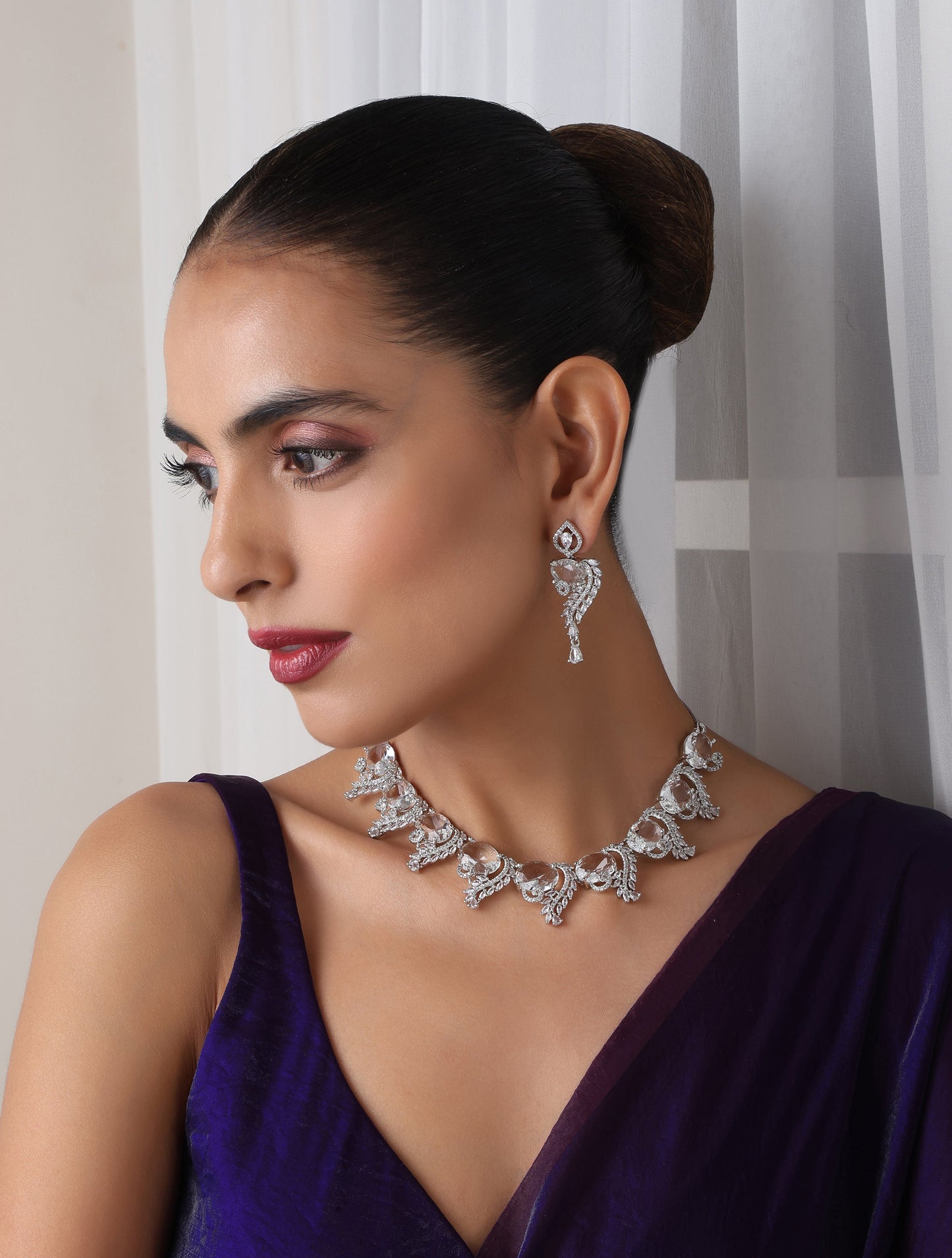 Dhiyona ST Luxury Silver Color American Diamond Premium Necklace & Earring Set
