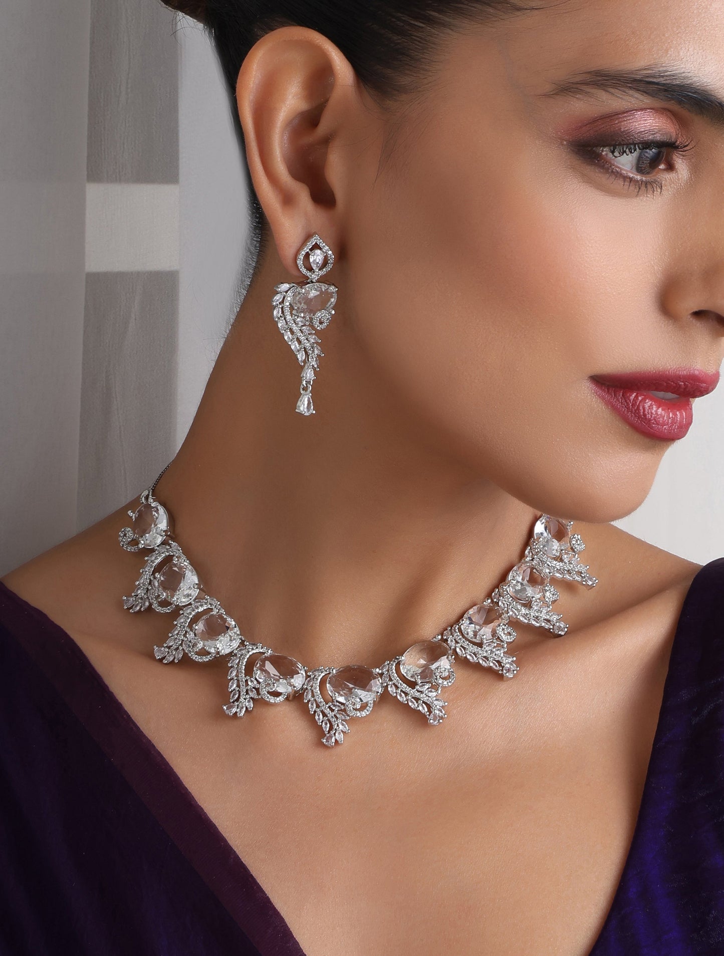 Dhiyona ST Luxury Silver Color American Diamond Premium Necklace & Earring Set