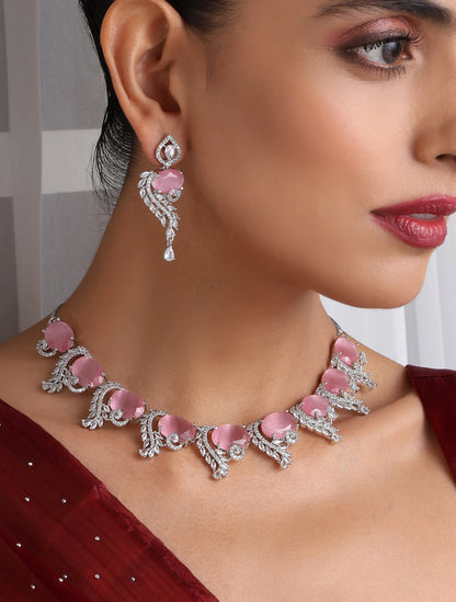 Dhiyona ST Luxury Pink Color American Diamond Premium Necklace & Earring Set