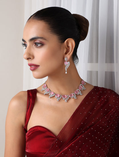 Dhiyona ST Luxury Pink Color American Diamond Premium Necklace & Earring Set