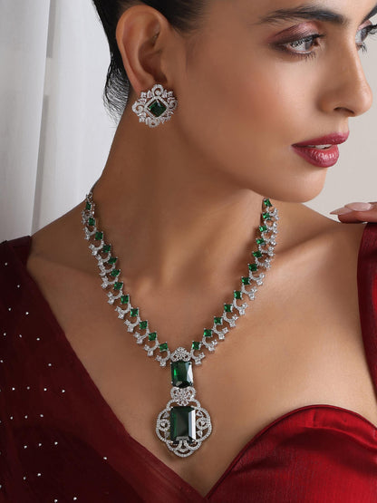 Dhiyona ST Big Emerald Diamond Necklace with Stud Earring