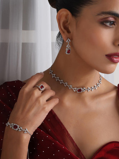 Dhiyona ST SET - Red Petal Diamond Necklace, Earring, Ring, Bracelet