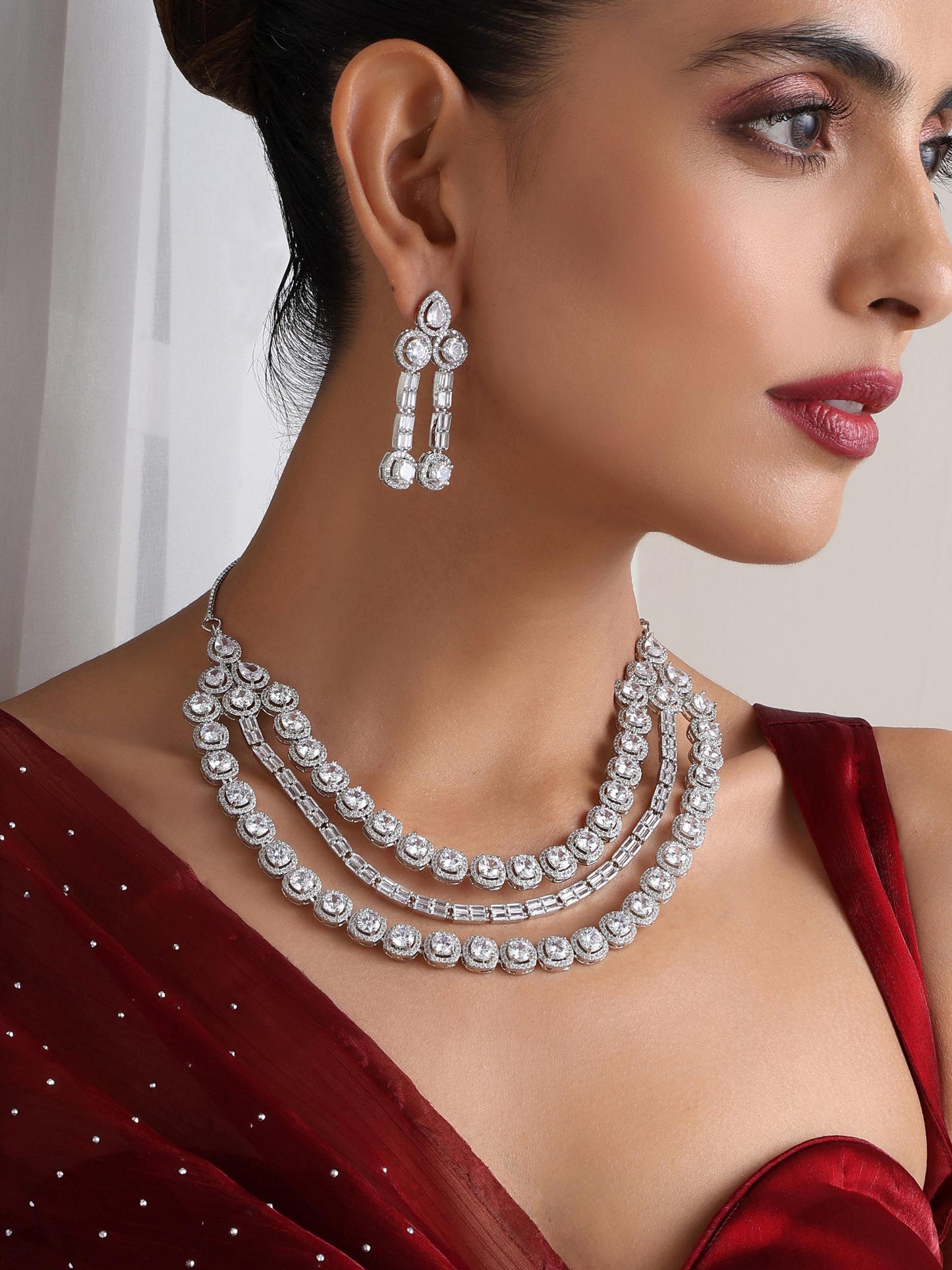 Dhiyona ST 3 Line White Diamond String Necklace and Earring Set