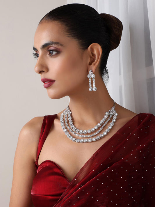 Dhiyona ST 3 Line White Diamond String Necklace and Earring Set