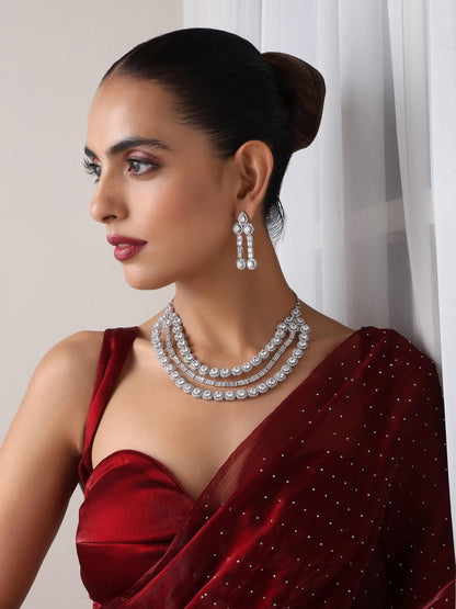 Dhiyona ST 3 Line White Diamond String Necklace and Earring Set