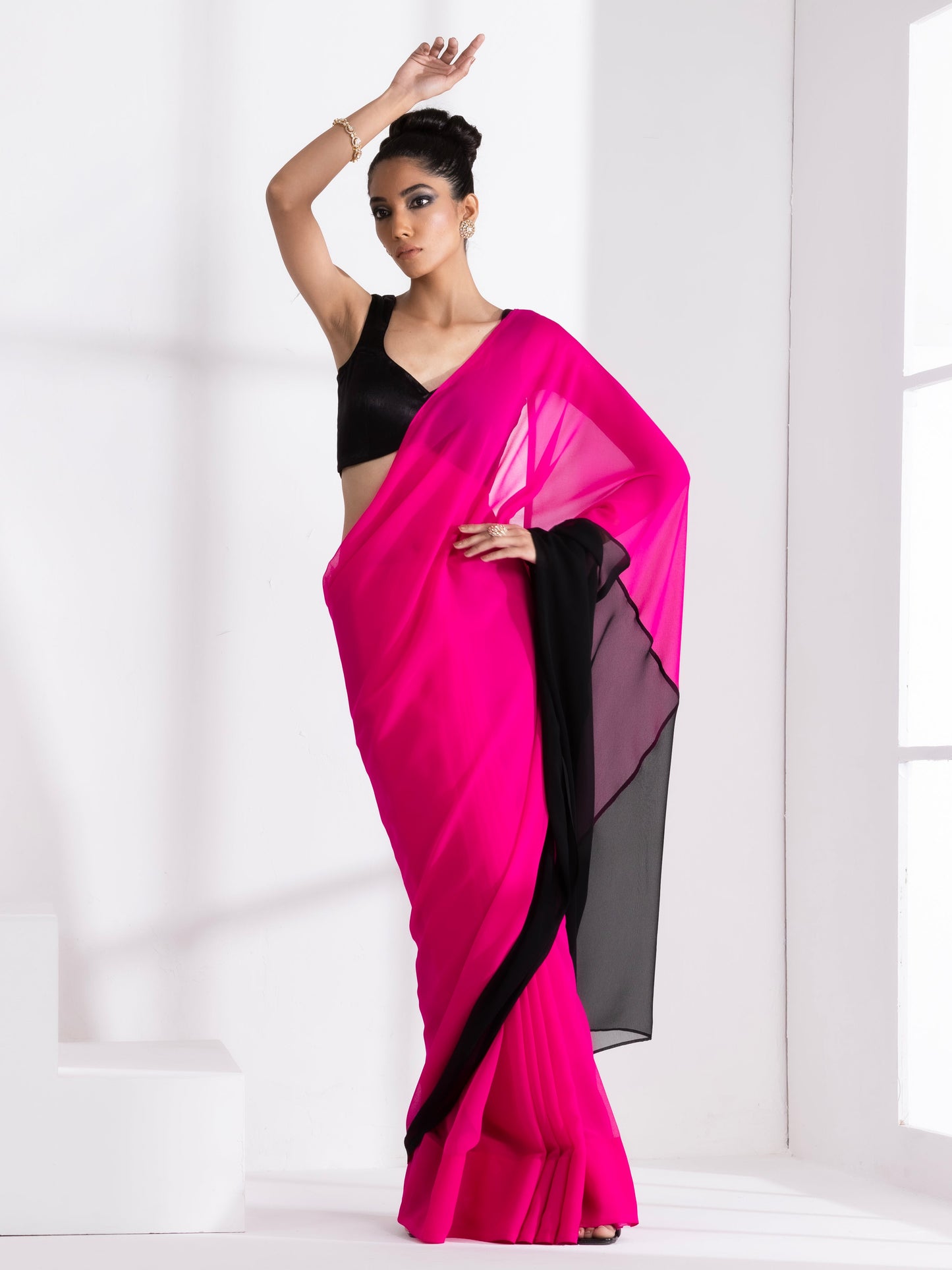 Dhiyona ST Fuchsia & Black Triangle Georgette Saree with Posh Black Blouse Fabric