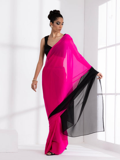 Dhiyona ST Fuchsia & Black Triangle Georgette Saree with Posh Black Blouse Fabric