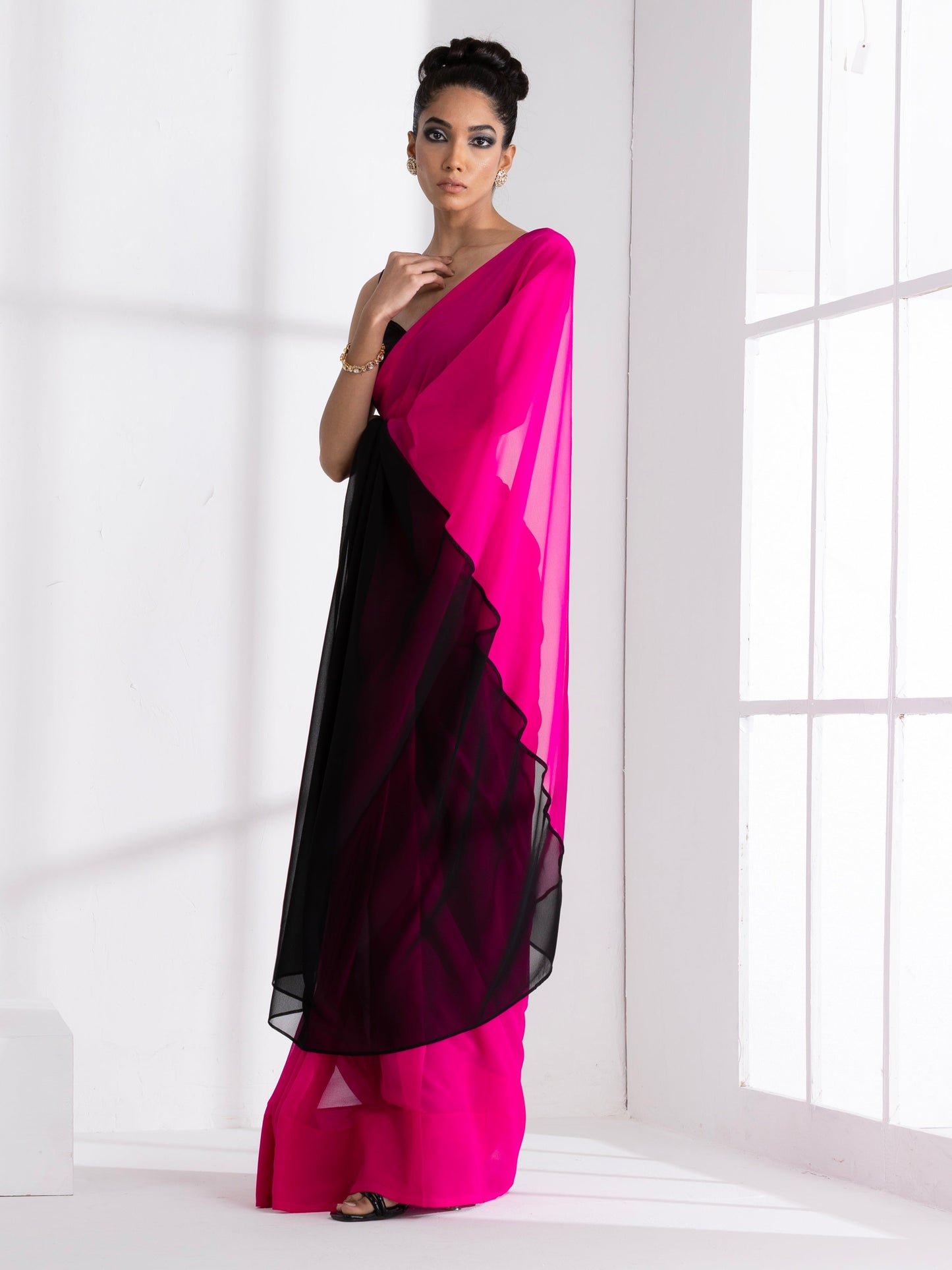 Dhiyona ST Fuchsia & Black Triangle Georgette Saree with Posh Black Blouse Fabric
