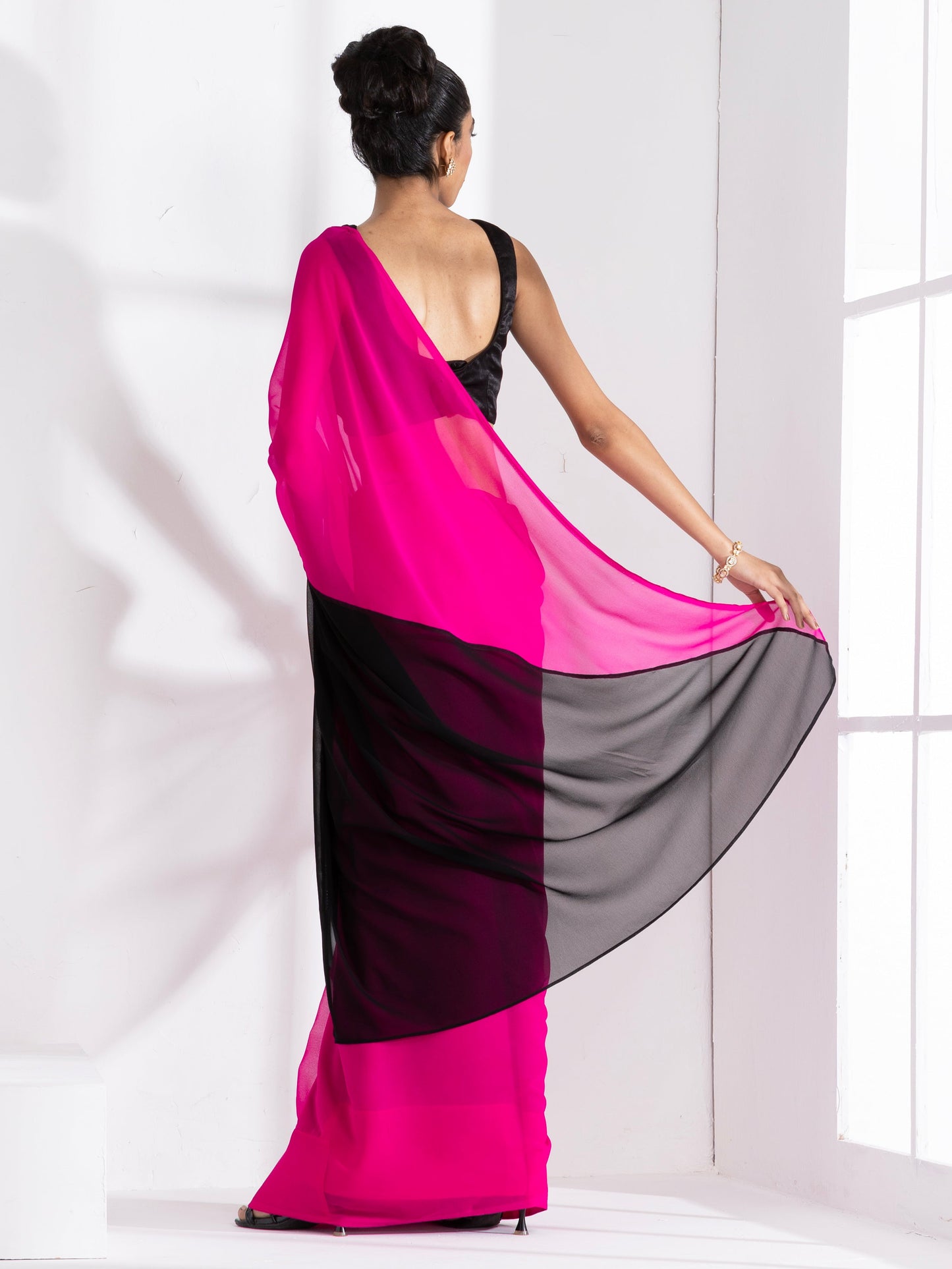Dhiyona ST Fuchsia & Black Triangle Georgette Saree with Posh Black Blouse Fabric