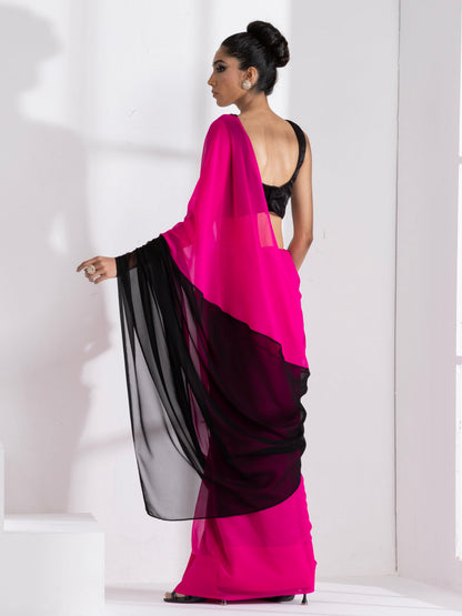 Dhiyona ST Fuchsia & Black Triangle Georgette Saree with Posh Black Blouse Fabric