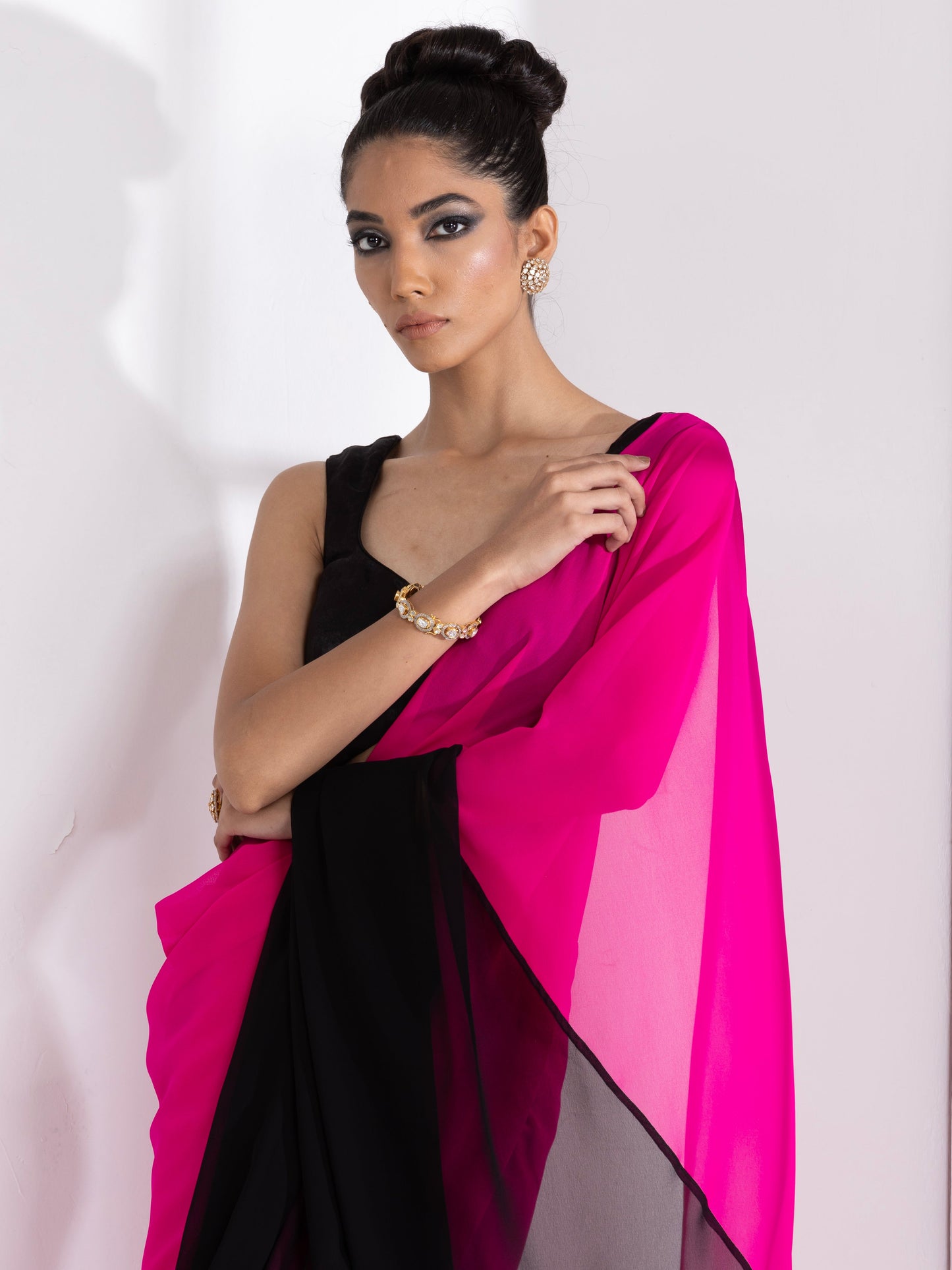 Dhiyona ST Fuchsia & Black Triangle Georgette Saree with Posh Black Blouse Fabric