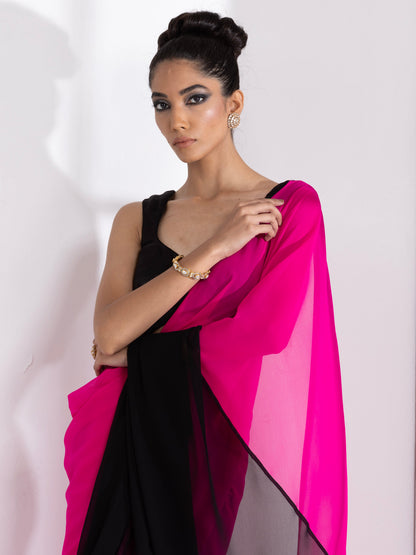 Dhiyona ST Fuchsia & Black Triangle Georgette Saree with Posh Black Blouse Fabric