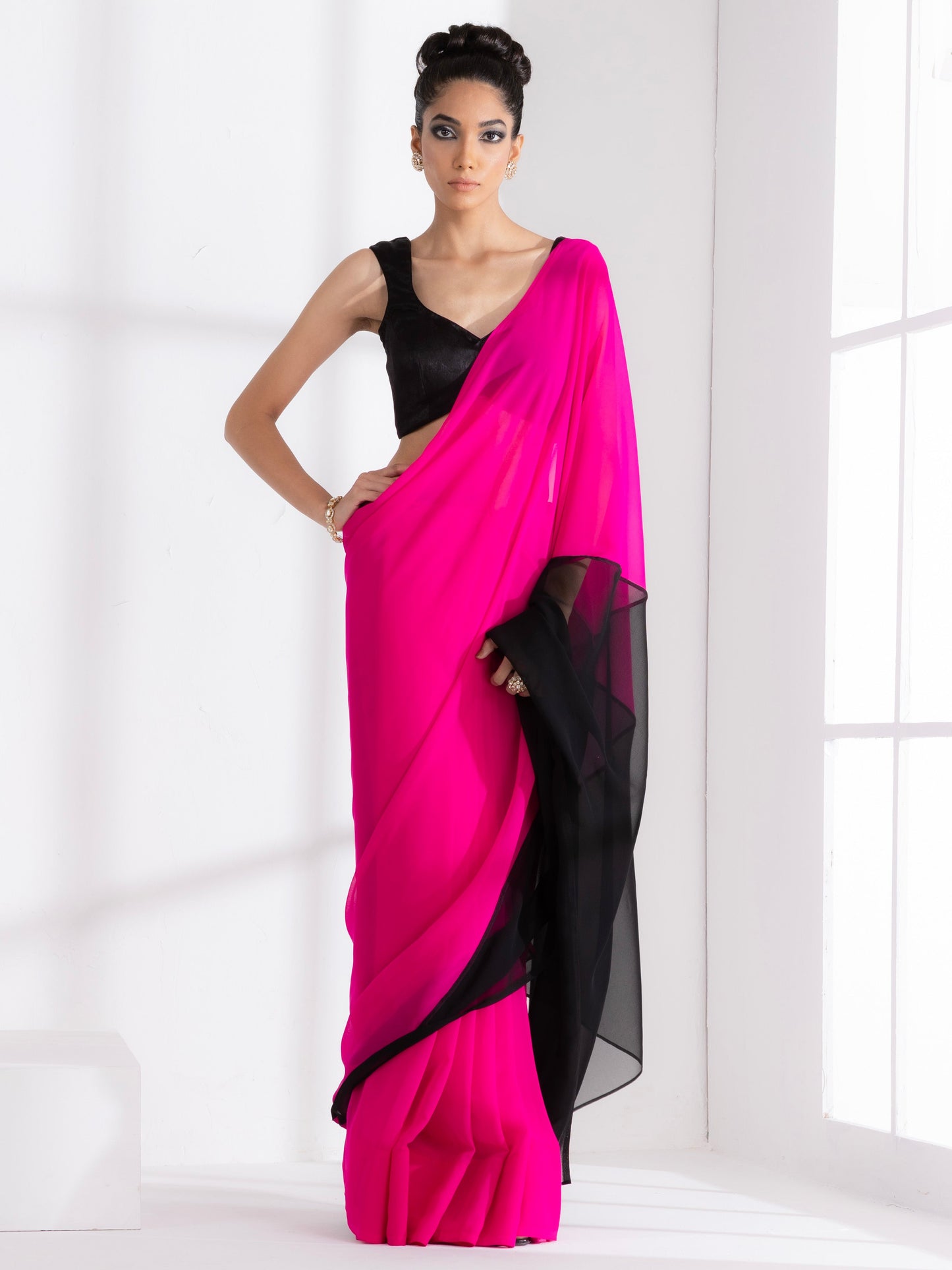 Dhiyona ST Fuchsia & Black Triangle Georgette Saree with Posh Black Blouse Fabric