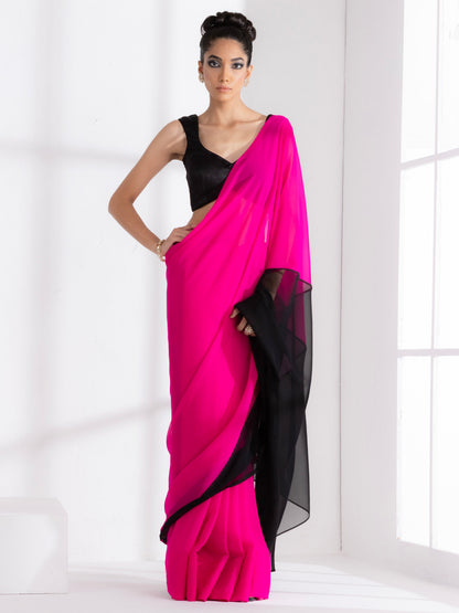 Dhiyona ST Fuchsia & Black Triangle Georgette Saree with Posh Black Blouse Fabric